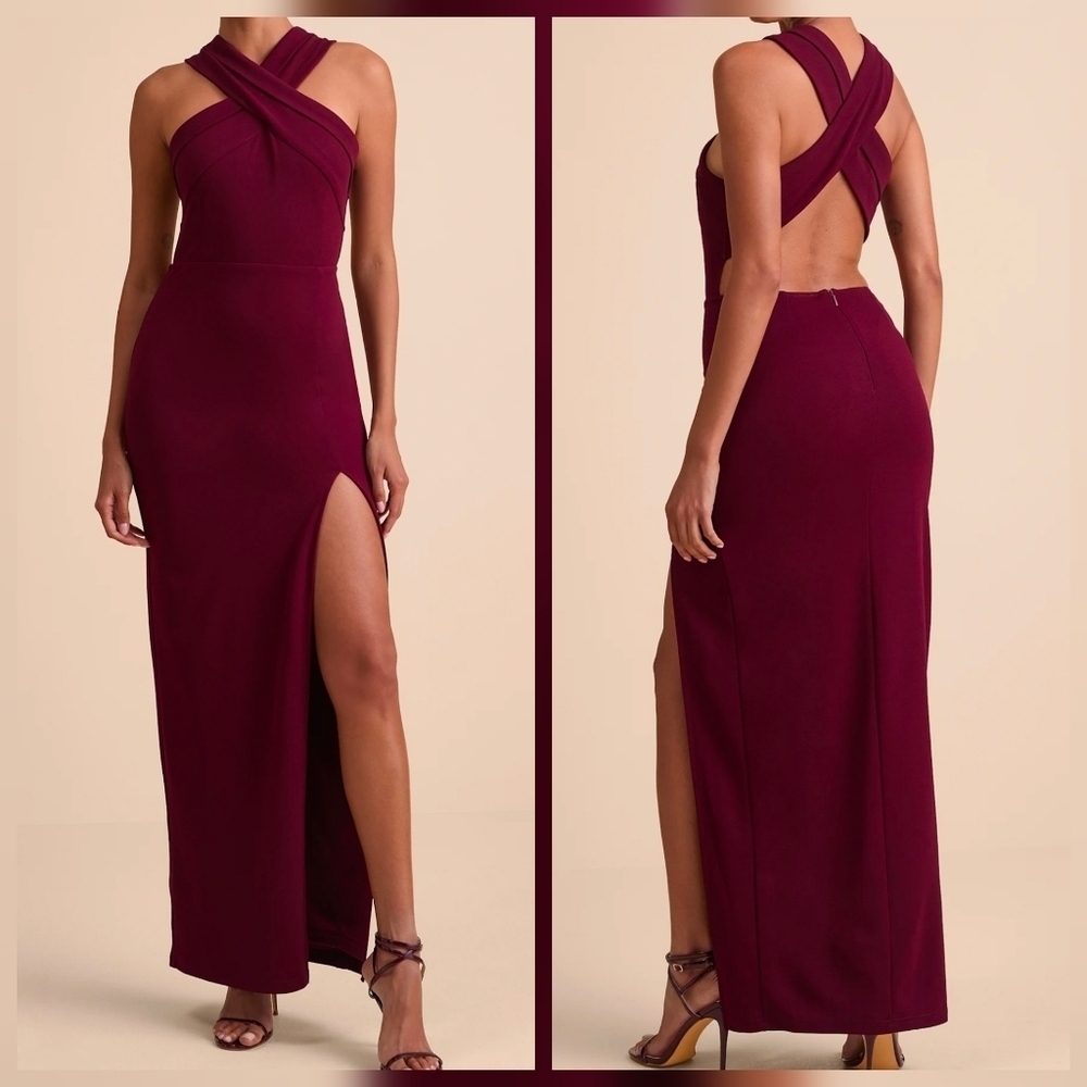 Lulus Head to Cocktail Hour Burgundy Halter Neck Maxi Dress, Size Medium